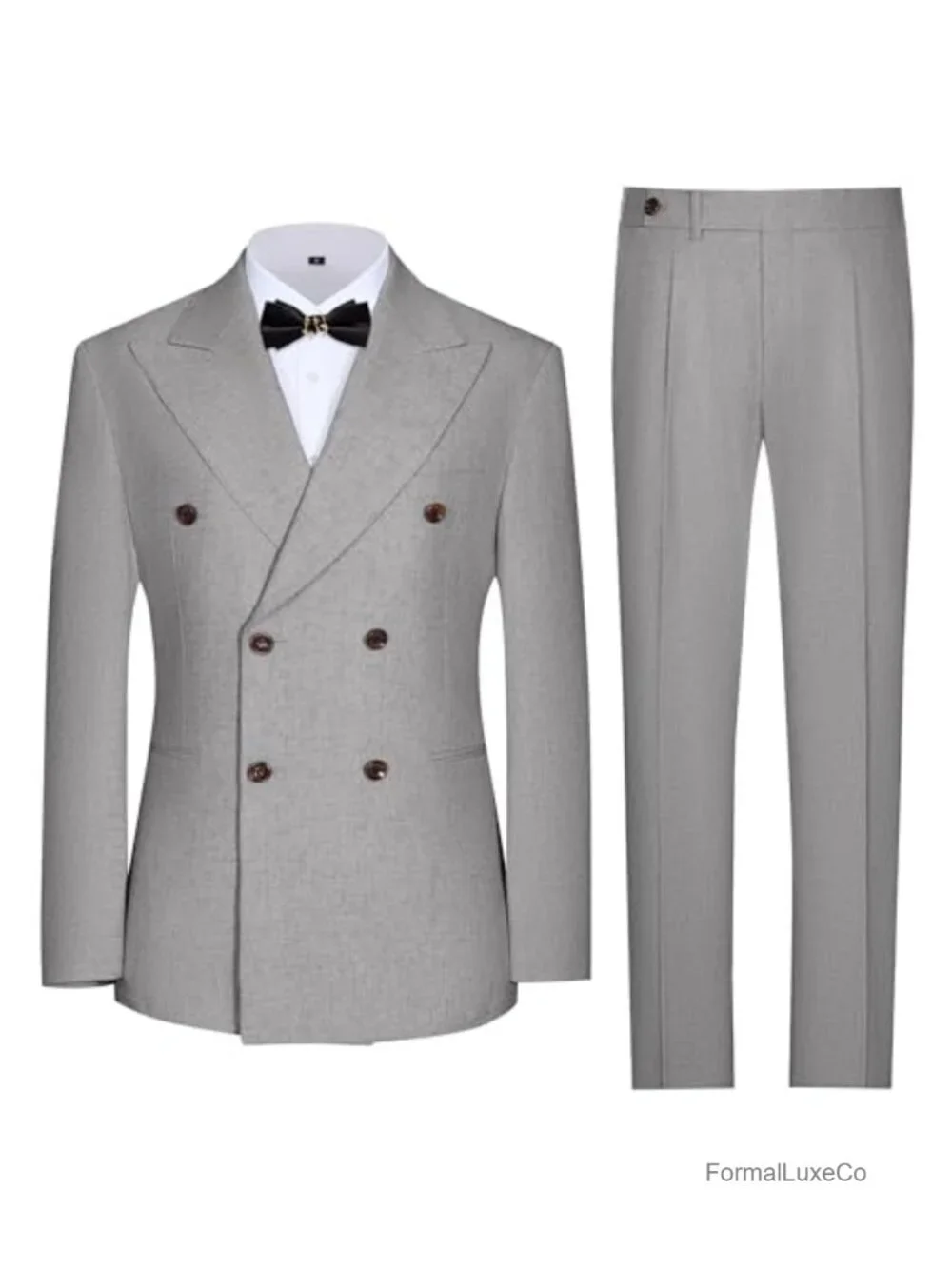 Linen Suit 2 Piece Double Breasted Peak Lapel Men's Slim Fit Wedding Tuxedo Set